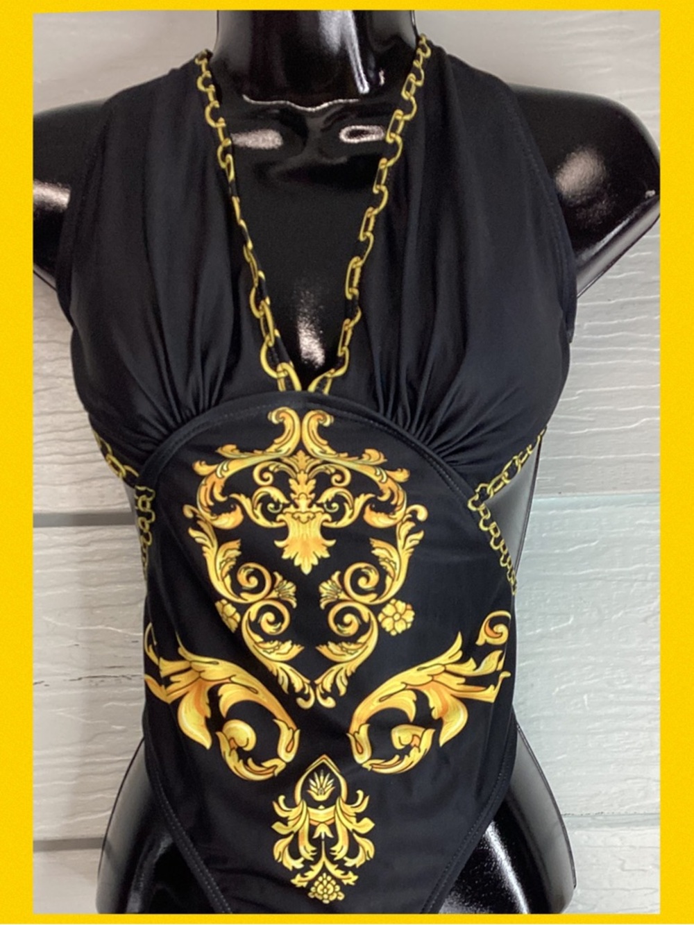 Black & Gold Deep V One-Piece Swimsuit - Women's Swim.52 - Picture 2 of 8